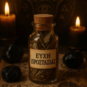 Γυάλινο φιαλίδιο με την επιγραφή "ΕΥΧΗ ΠΡΟΣΤΑΣΙΑΣ", γεμάτο με φύλλα δάφνης, φασκόμηλο και δεντρολίβανο, τοποθετημένο πάνω σε χαρτί με προστατευτικά σύμβολα, περιβαλλόμενο από μαύρους λίθους τουρμαλίνης, με αναμμένα κεριά στο φόντο και φως ζεστής ενέργειας.
