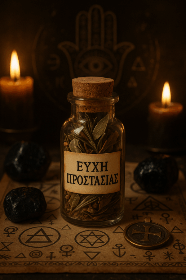 Γυάλινο φιαλίδιο με την επιγραφή "ΕΥΧΗ ΠΡΟΣΤΑΣΙΑΣ", γεμάτο με φύλλα δάφνης, φασκόμηλο και δεντρολίβανο, τοποθετημένο πάνω σε χαρτί με προστατευτικά σύμβολα, περιβαλλόμενο από μαύρους λίθους τουρμαλίνης, με αναμμένα κεριά στο φόντο και φως ζεστής ενέργειας.