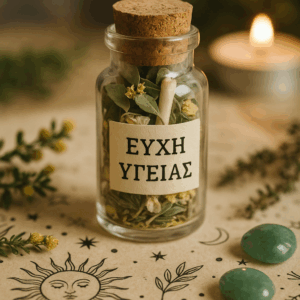 Γυάλινο φιαλίδιο με την επιγραφή "ΕΥΧΗ ΥΓΕΙΑΣ", γεμάτο με αποξηραμένα βότανα όπως ευκάλυπτο, τίλιο και χαμομήλι, τοποθετημένο πάνω σε χαρτί με ήλιο, φεγγάρι και βοτανικά σχέδια, πλαισιωμένο από πράσινους λίθους και απαλή φλόγα κεριού στο φόντο.