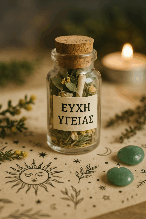 Γυάλινο φιαλίδιο με την επιγραφή "ΕΥΧΗ ΥΓΕΙΑΣ", γεμάτο με αποξηραμένα βότανα όπως ευκάλυπτο, τίλιο και χαμομήλι, τοποθετημένο πάνω σε χαρτί με ήλιο, φεγγάρι και βοτανικά σχέδια, πλαισιωμένο από πράσινους λίθους και απαλή φλόγα κεριού στο φόντο.