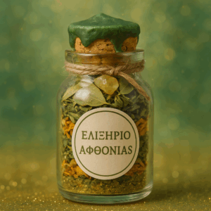 Γυάλινο βάζο 50ml γεμάτο στρώσεις βοτάνων σε πράσινους και χρυσούς τόνους, με φωτεινή σκόνη, μικρό κρύσταλλο κιτρίνη και ετικέτα που γράφει “ΕΛΙΞΙΡΙΟ ΑΦΘΟΝΙΑΣ”. Το καπάκι είναι σφραγισμένο με κερί και δεμένο με κορδόνι. Φόντο με πράσινες-χρυσαφένιες αποχρώσεις, σε αλχημικό-μαγικό ύφος.