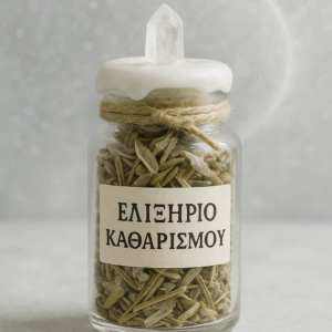 Γυάλινο βάζο με ετικέτα “ΕΛΙΞΗΡΙΟ ΚΑΘΑΡΙΣΜΟΥ”, γεμάτο βότανα καθαρμού και διακοσμημένο με λευκό κερί, σπάγκο και κρύσταλλο.