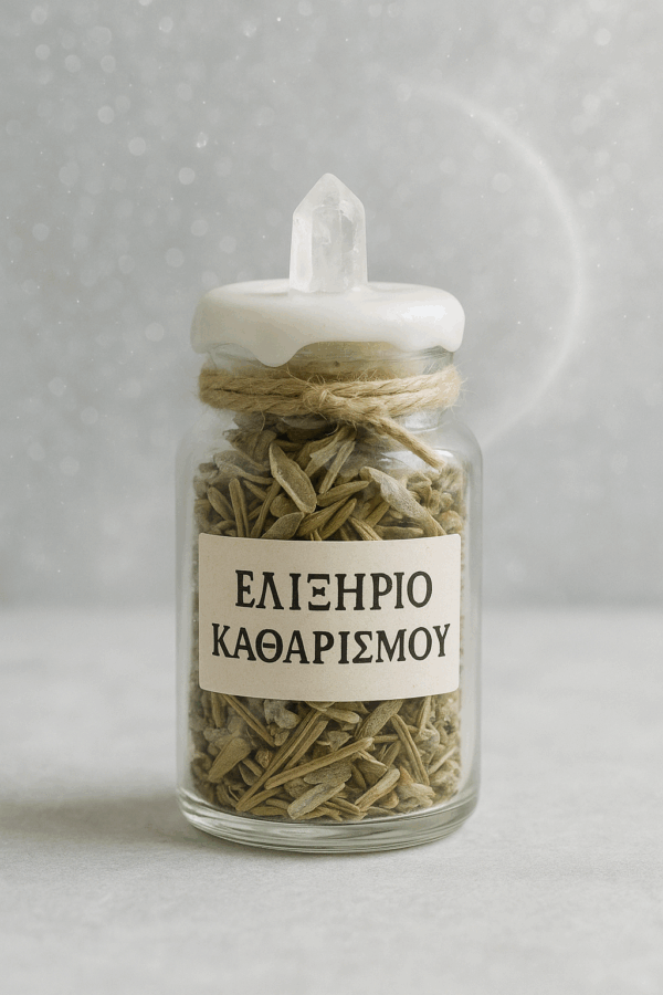 Γυάλινο βάζο με ετικέτα “ΕΛΙΞΗΡΙΟ ΚΑΘΑΡΙΣΜΟΥ”, γεμάτο βότανα καθαρμού και διακοσμημένο με λευκό κερί, σπάγκο και κρύσταλλο.