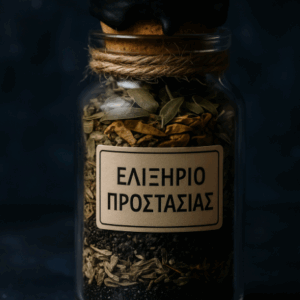 υάλινο βάζο με στρώσεις από δάφνη, αρτεμισία, φασκόμηλο και μαύρο πιπέρι, διακοσμημένο με μαύρο κερί στο καπάκι και δεμένο με φυσικό σπάγκο