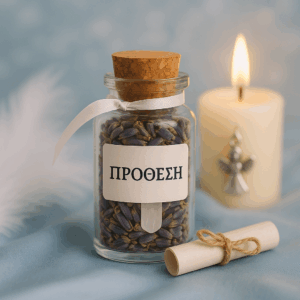 Φιαλίδιο Αγγελικής Πρόθεσης με βότανα, λίθο και ευχή, δίπλα σε αγγελικό φτερό και κερί.