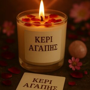 Χειροποίητο κερί αγάπης σε γυάλινο ποτήρι με ροδοπέταλα και κανέλα, αναμμένο, με απαλή φλόγα και φόντο σε σχήμα καρδιάς. Πλάι του βρίσκονται ροζ χαλαζίας, ρομαντικά άνθη και καρτελάκι με την ένδειξη "ΚΕΡΙ ΑΓΑΠΗΣ".