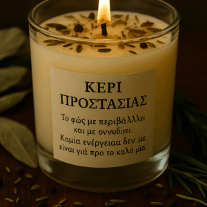 Χειροποίητο κερί προστασίας σε γυάλινο ποτήρι, διακοσμημένο με φασκόμηλο, δεντρολίβανο και μαύρο πιπέρι, με φλόγα αναμμένη και καρτελάκι πρόθεσης μπροστά, σε φόντο σκοτεινό και ζεστό, πλαισιωμένο από φύλλα και σπόρους βοτάνων.