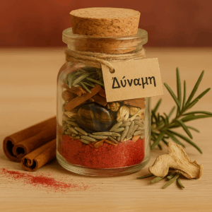 Μπουκαλάκι Ευχής "Δύναμη" με τίγρης μάτι, δεντρολίβανο και πιπερόριζα σε φωτεινό ξύλινο φόντο