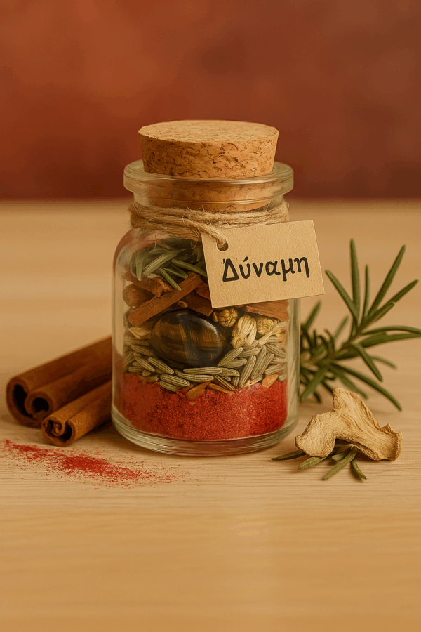 Μπουκαλάκι Ευχής "Δύναμη" με τίγρης μάτι, δεντρολίβανο και πιπερόριζα σε φωτεινό ξύλινο φόντο