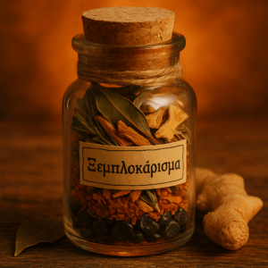 Μπουκαλάκι Ευχής "Ξεμπλοκάρισμα" με τζίντζερ, αιματίτη και δάφνη σε φωτεινό δυναμικό φόντο