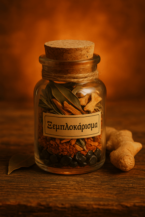 Μπουκαλάκι Ευχής "Ξεμπλοκάρισμα" με τζίντζερ, αιματίτη και δάφνη σε φωτεινό δυναμικό φόντο