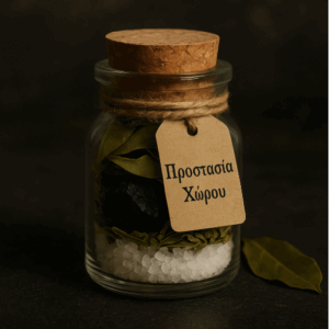Μπουκαλάκι Ευχής "Προστασία Χώρου" με μαύρη τουρμαλίνη, δάφνη και αλάτι σε σκοτεινό φόντο