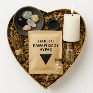 Πακέτο Καθαρισμού Άυρας με κερί, λιβάνι, ημιπολύτιμους λίθους και μαγικά βότανα για ενεργειακή αποφόρτιση