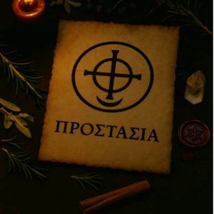 Σιγίλ Προστασίας σε περγαμηνή – ενεργειακό μαγικό σύμβολο με μαύρο κερί, δάφνη και κρύσταλλο