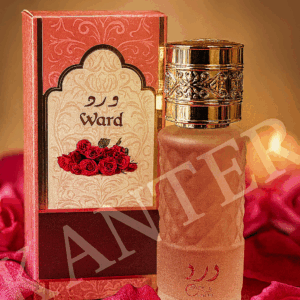 “Ward – άρωμα με ρομαντικό άρωμα τριαντάφυλλου σε ροζ-χρυσή συσκευασία με πέταλα ρόδου στο φόντο.”