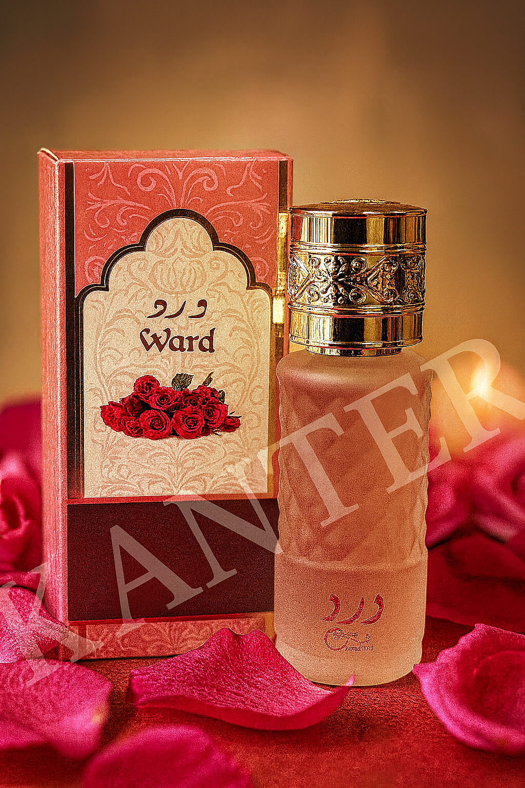 “Ward – άρωμα με ρομαντικό άρωμα τριαντάφυλλου σε ροζ-χρυσή συσκευασία με πέταλα ρόδου στο φόντο.”