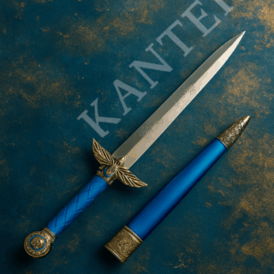 «Το Ξίφος του Φωτός — τελετουργικό ξίφος με μπλε και χρυσή λαβή, μεταλλική λεπίδα και διακοσμητικά φτερά στη λαβή, σύμβολο φωτεινής προστασίας.»