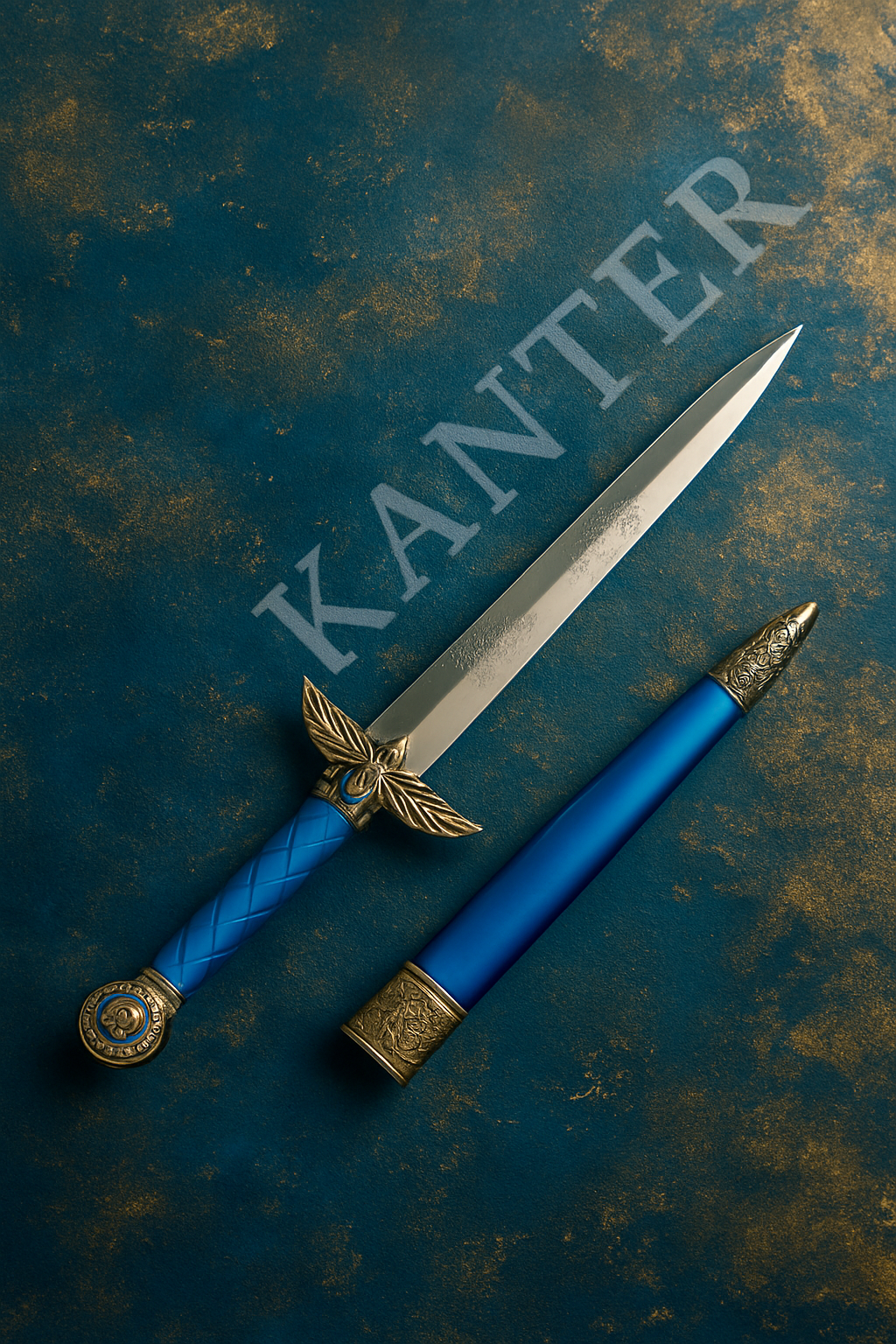 «Το Ξίφος του Φωτός — τελετουργικό ξίφος με μπλε και χρυσή λαβή, μεταλλική λεπίδα και διακοσμητικά φτερά στη λαβή, σύμβολο φωτεινής προστασίας.»