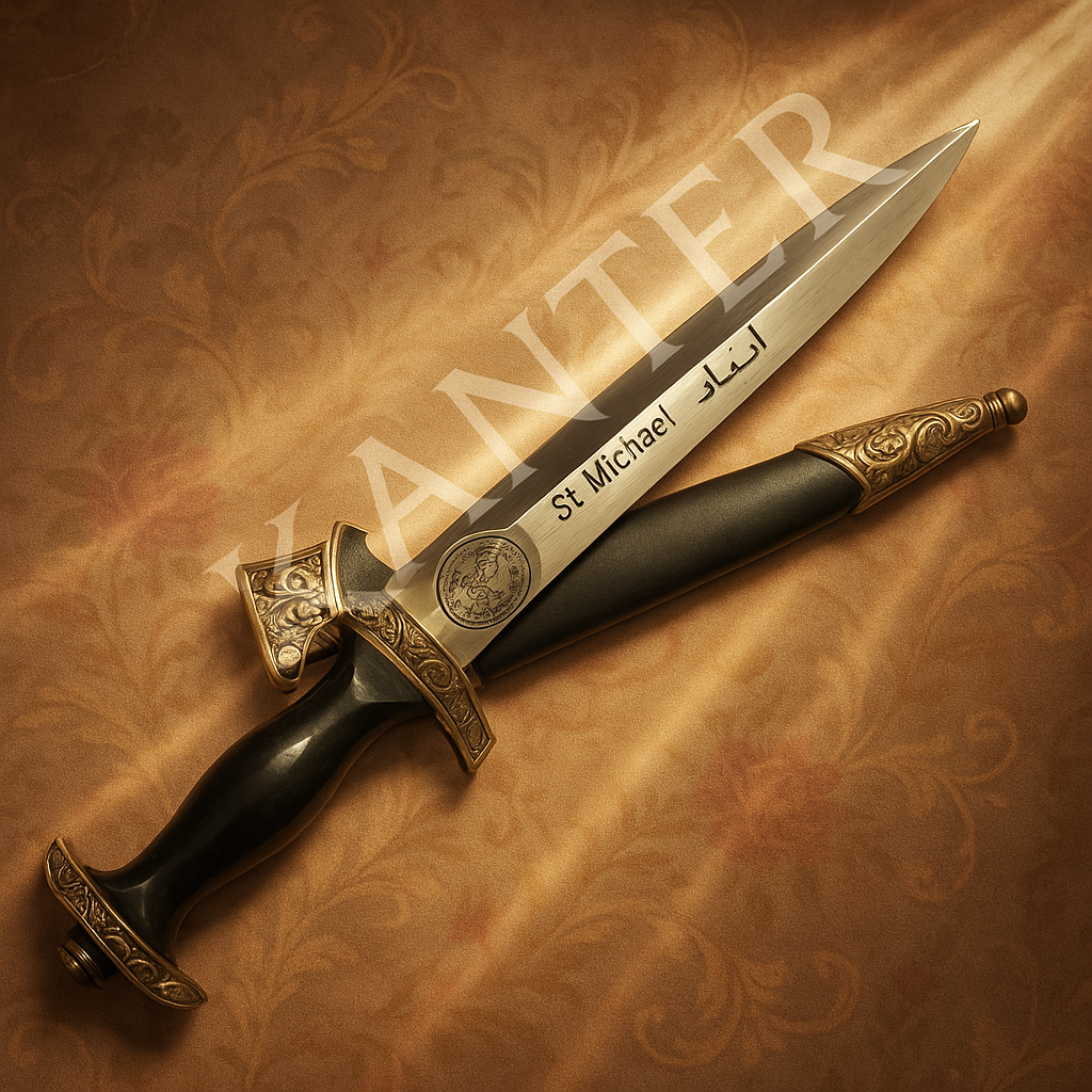 «Το Ξίφος του Αρχαγγέλου Μιχαήλ — τελετουργικό ξίφος με μεταλλική λεπίδα, μαύρη λαβή και χρυσές λεπτομέρειες, σύμβολο αγγελικής προστασίας.»