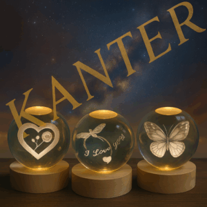 «Κρυστάλλινες σφαίρες φωτός με χαραγμένα σχέδια καρδιά, λιβελούλα και πεταλούδα, πάνω σε ξύλινη βάση, φωτισμένες με ζεστό LED φως.»