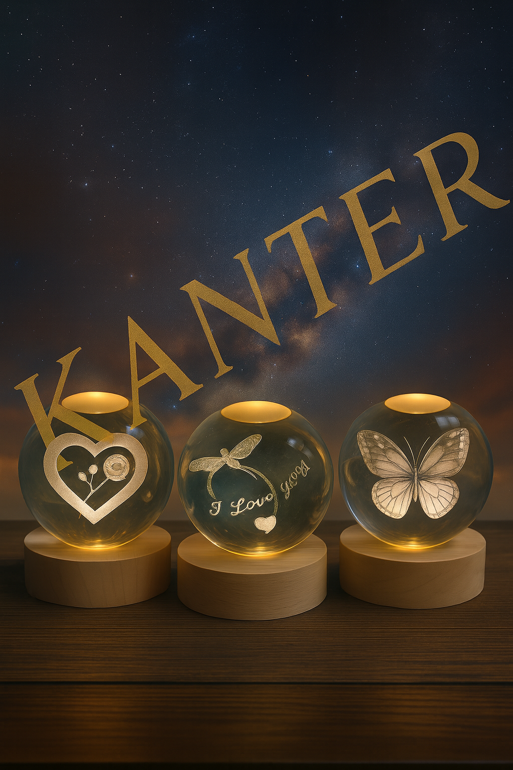 «Κρυστάλλινες σφαίρες φωτός με χαραγμένα σχέδια καρδιά, λιβελούλα και πεταλούδα, πάνω σε ξύλινη βάση, φωτισμένες με ζεστό LED φως.»