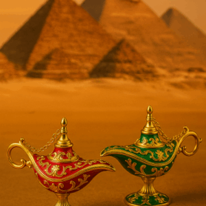 «Δύο μικρά λυχνάρια σε κόκκινο και πράσινο με χρυσές λεπτομέρειες μπροστά από αιγυπτιακές πυραμίδες — πολυτελή διακοσμητικά με μυστηριακή αύρα.»