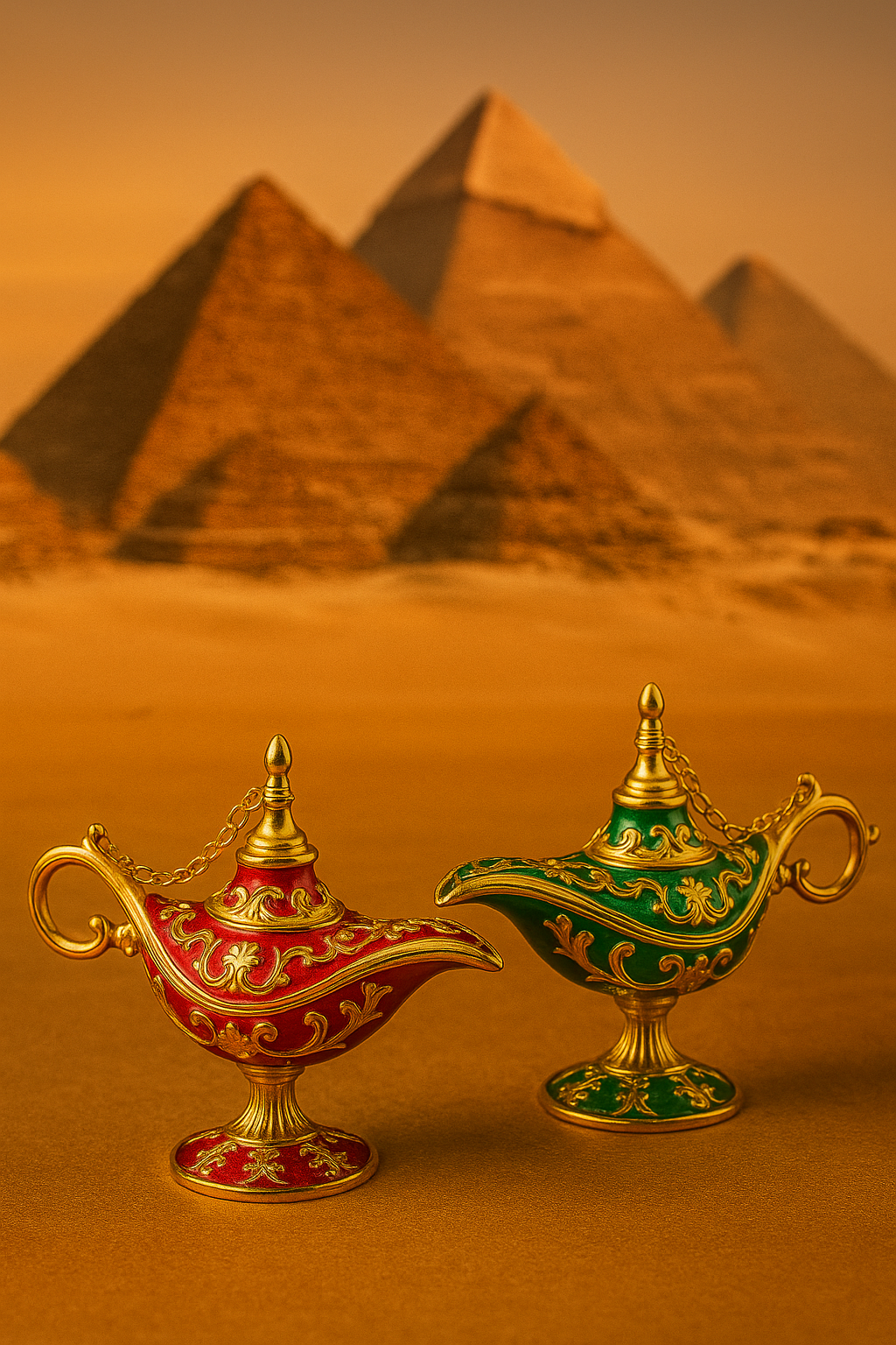 «Δύο μικρά λυχνάρια σε κόκκινο και πράσινο με χρυσές λεπτομέρειες μπροστά από αιγυπτιακές πυραμίδες — πολυτελή διακοσμητικά με μυστηριακή αύρα.»