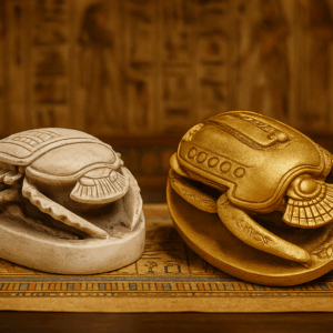 «Δύο αιγυπτιακοί σκαραβαίοι σε λευκό και χρυσό χρώμα, τοποθετημένοι σε αιγυπτιακό φόντο με ιερογλυφικά, σύμβολο προστασίας και αφθονίας.»