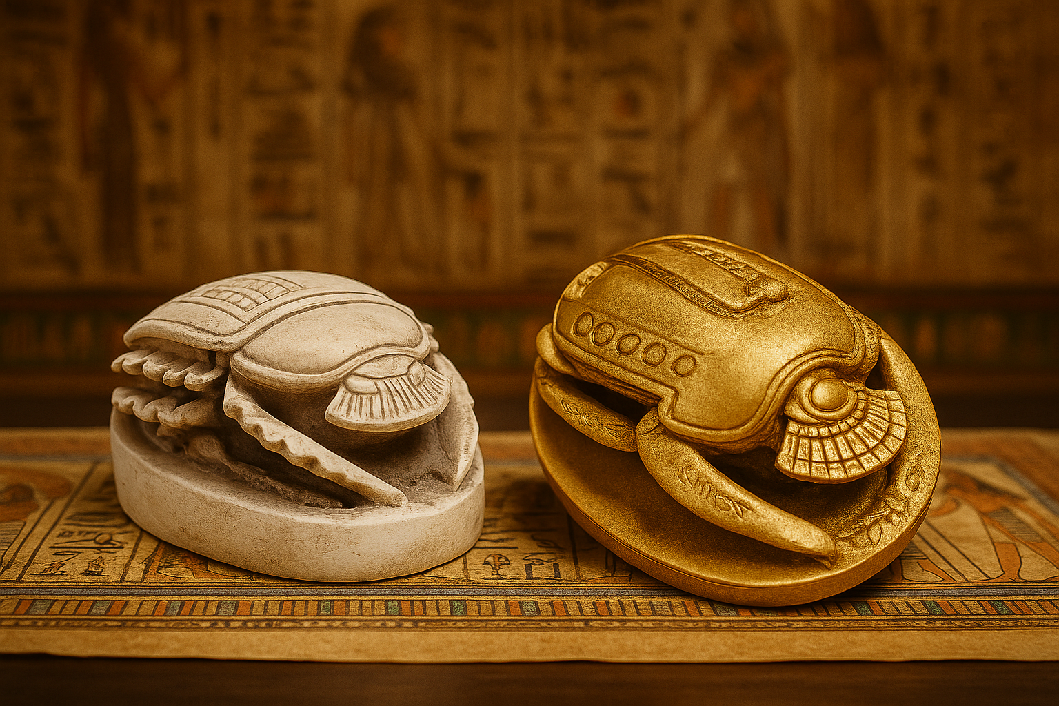 «Δύο αιγυπτιακοί σκαραβαίοι σε λευκό και χρυσό χρώμα, τοποθετημένοι σε αιγυπτιακό φόντο με ιερογλυφικά, σύμβολο προστασίας και αφθονίας.»