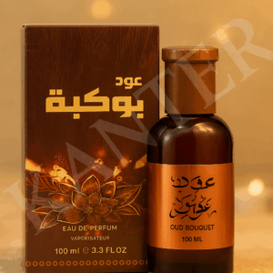 “Oud Bouquet – πολυτελές άρωμα oud με λουλουδένιες νότες σε καφέ-χρυσή συσκευασία με ανατολίτικο μοτίβο.