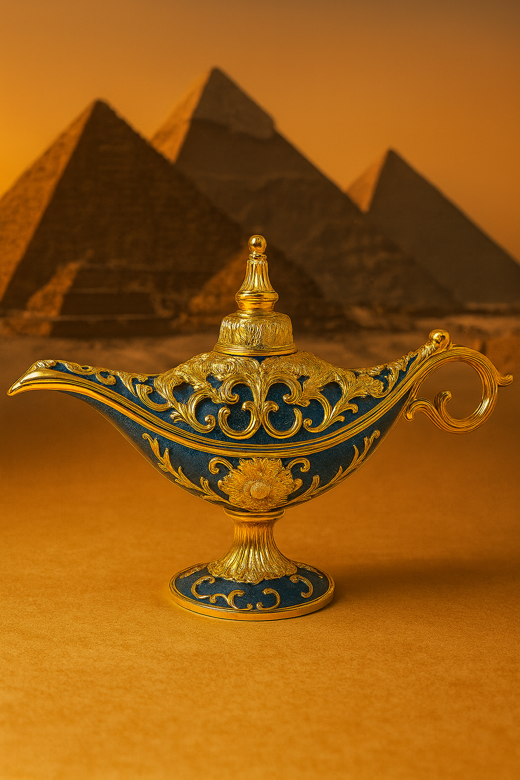 «Πολυτελές λυχνάρι σε μπλε και χρυσό μπροστά από αιγυπτιακές πυραμίδες — διακοσμητικό αντικείμενο με μυστικιστική αύρα.»