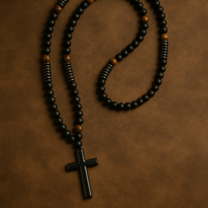 «Ροζάριο με ημιπολύτιμους λίθους Μάτι της Τίγρης και Αιματίτη, μαύρο σταυρό και κομψό μυστικιστικό φόντο.»