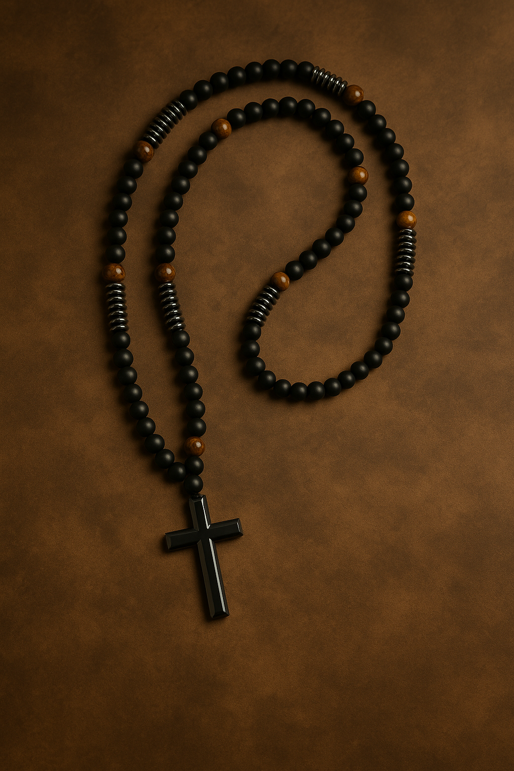 «Ροζάριο με ημιπολύτιμους λίθους Μάτι της Τίγρης και Αιματίτη, μαύρο σταυρό και κομψό μυστικιστικό φόντο.»
