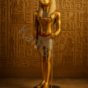 «Χρυσό άγαλμα του Άνουβις μπροστά σε αιγυπτιακό ναό με ιερογλυφικά — πολυτελές διακοσμητικό αιγυπτιακού ύφους.»