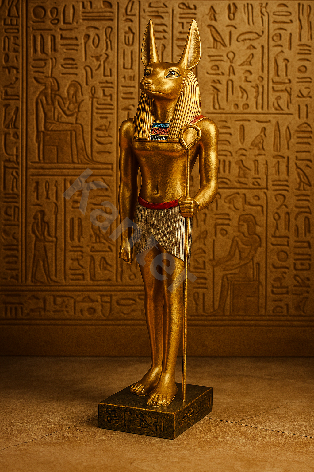 «Χρυσό άγαλμα του Άνουβις μπροστά σε αιγυπτιακό ναό με ιερογλυφικά — πολυτελές διακοσμητικό αιγυπτιακού ύφους.»