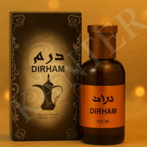 “Dirham – παραδοσιακό ανατολίτικο άρωμα σε μαύρη και χάλκινη συσκευασία με ζεστό φωτισμό και αραβικά μοτίβα.”